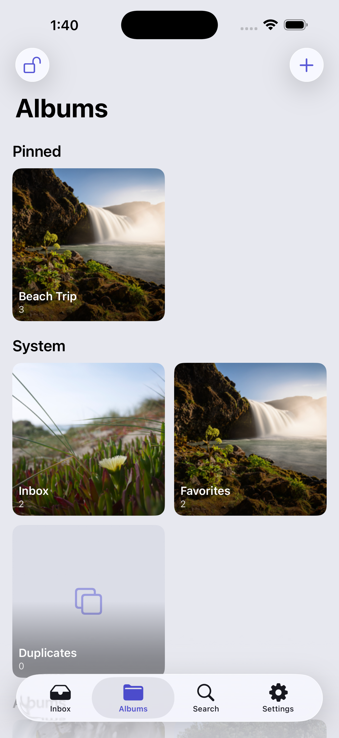 PixSort albums — a Beach Trip album, Inbox, Favorites and Duplicates, each with real photo covers